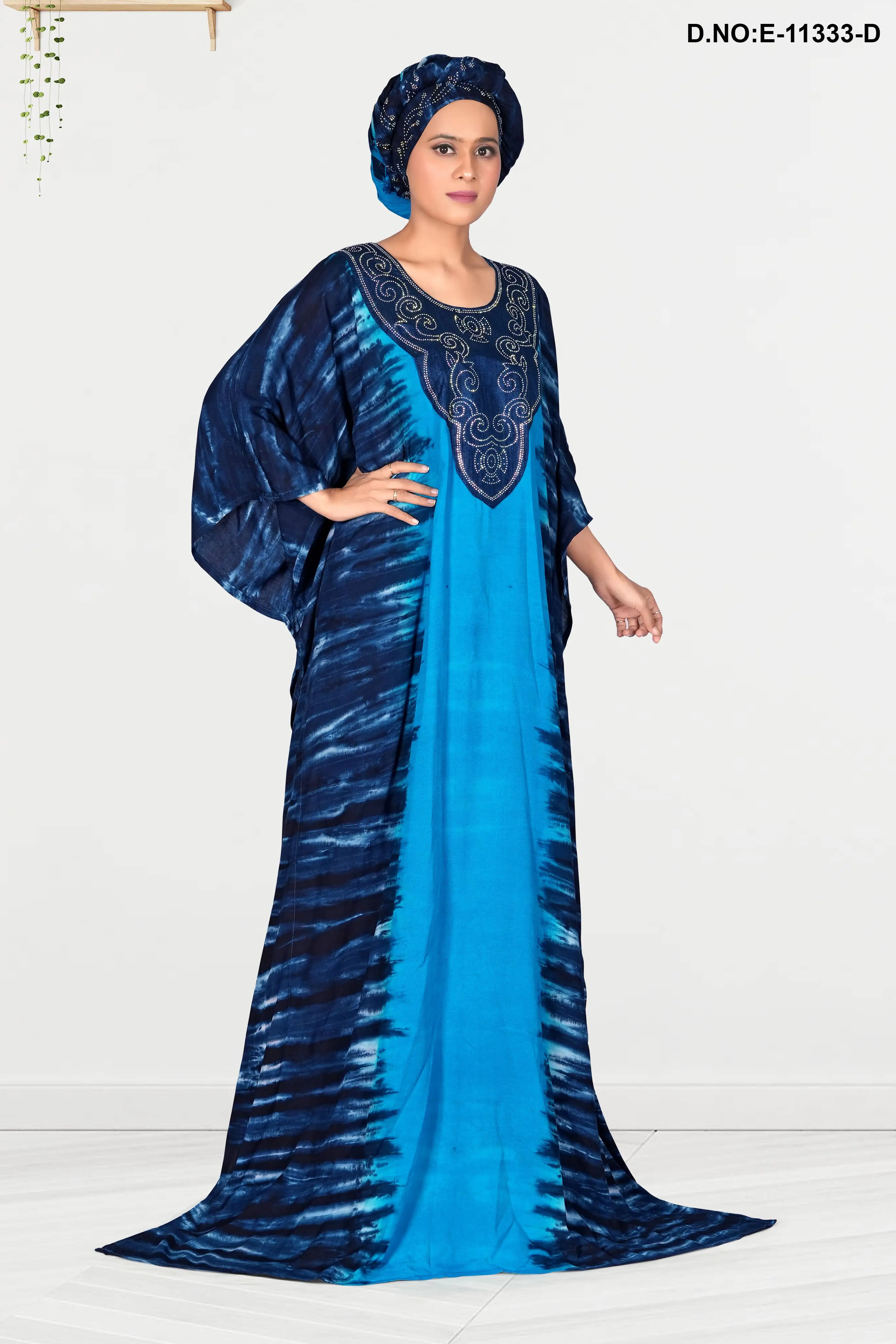 Royal Blue Tie-Dye Embroidered Neck Farasha